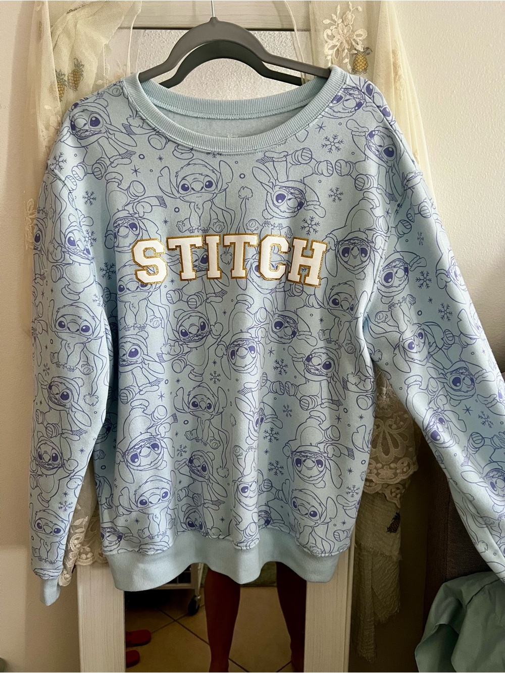 Disney Light Blue Stitch Graphic Crewneck Sweater with Gold Lettering